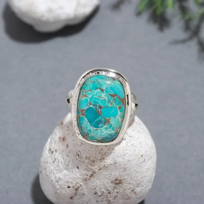 Natural Mohave Turquoise 925 Sterling Silver Band& Statement Ring Handmade Ring
