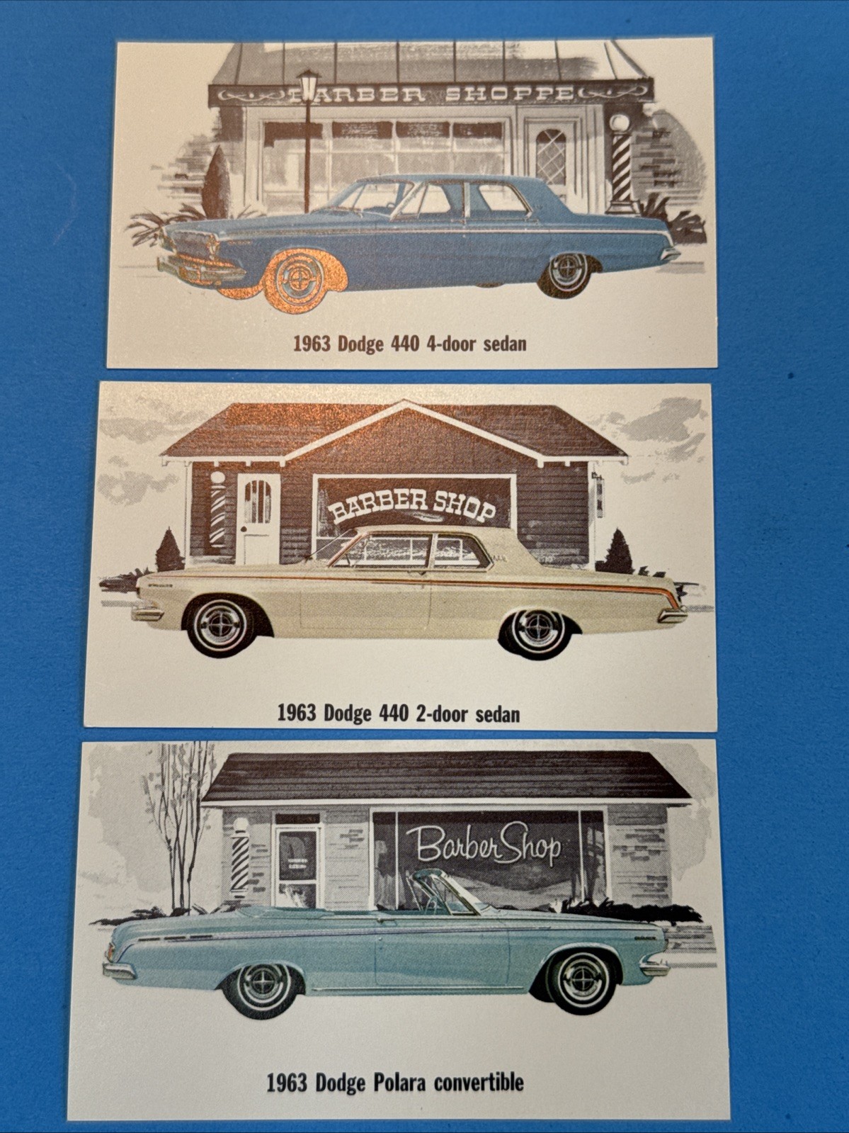 3 1963 Dodge 440, Polara Dealer Business Cards Torrington CT Barber Shop