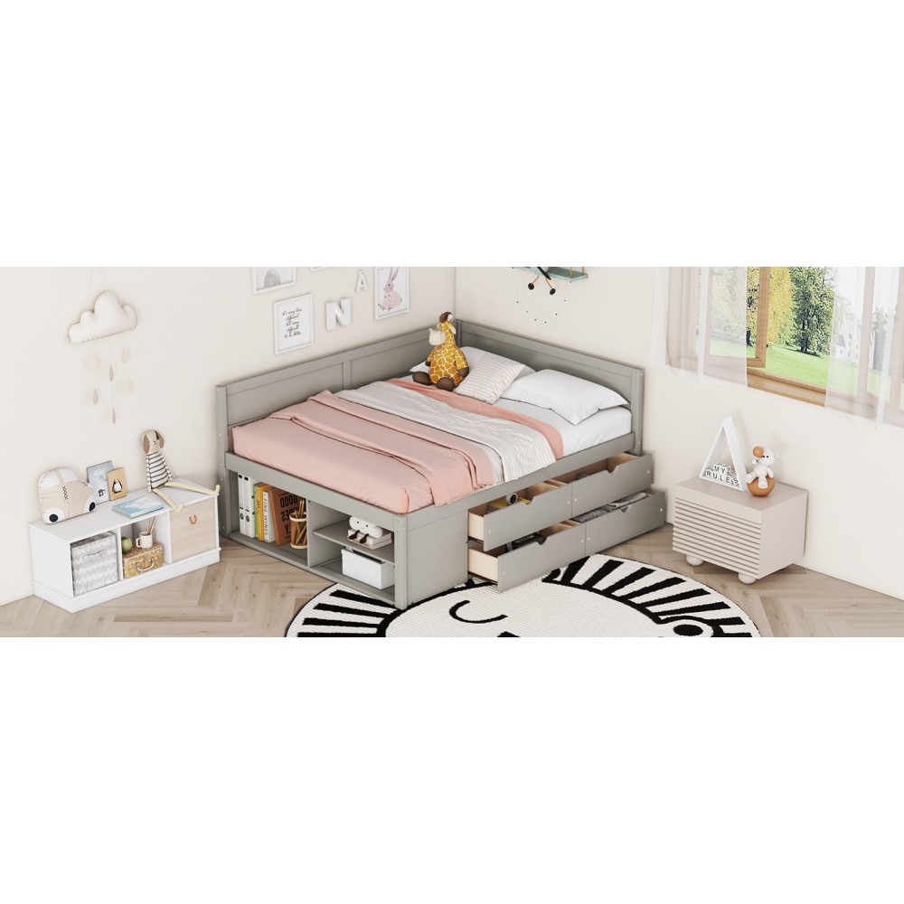 Full Size Daybed w/ Drawers & Shelves, Solid Wood Frame, Gray