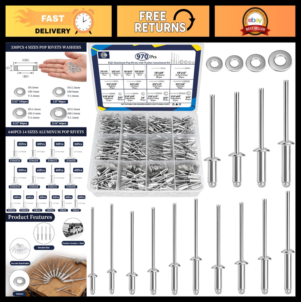 970Pcs Aluminum Pop Rivets Assortment Kit - 14 Sizes, Silver Blind Rivets Set