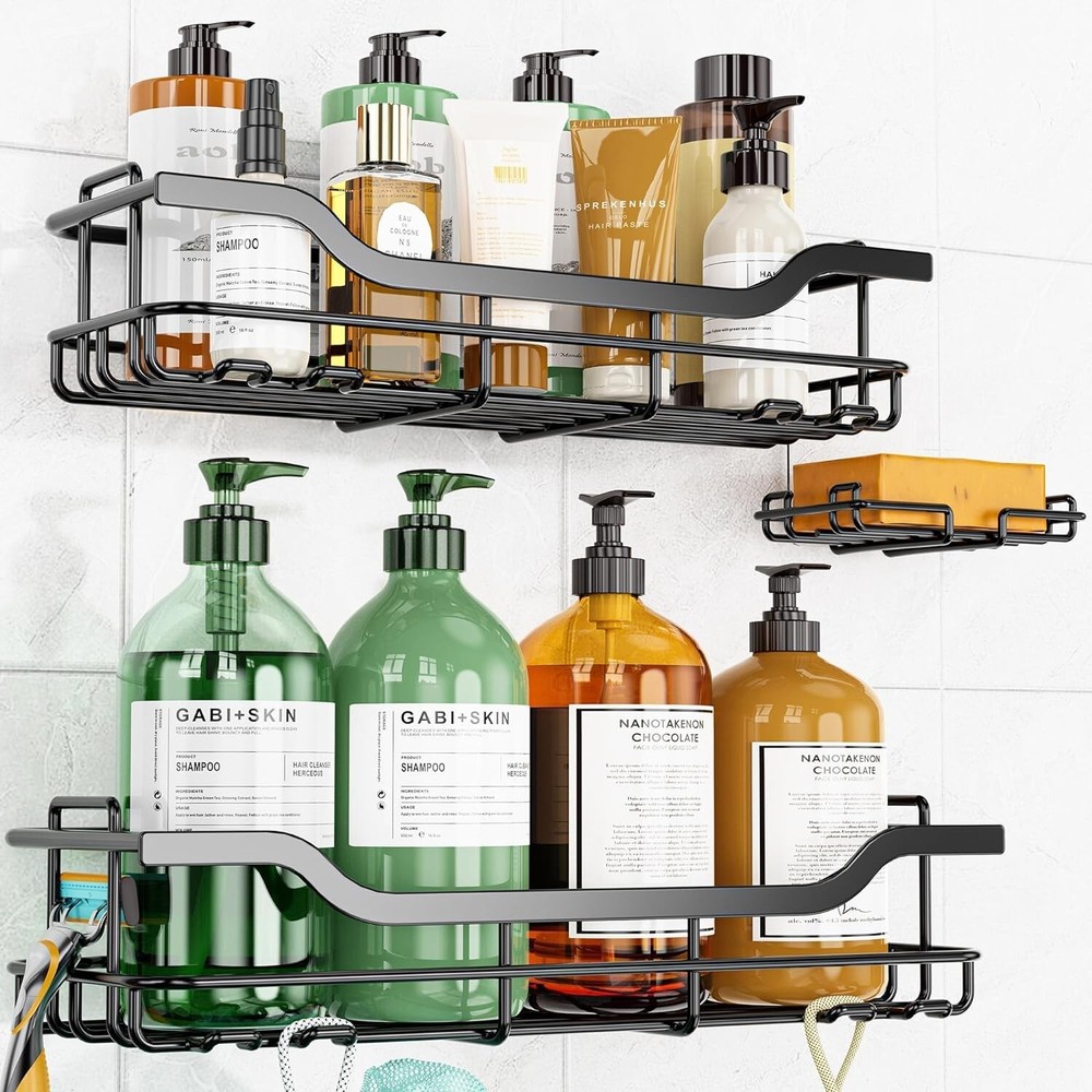 Versatile Rustproof Shower Caddy Set with Easy 2-Step Installation - BlackLarge