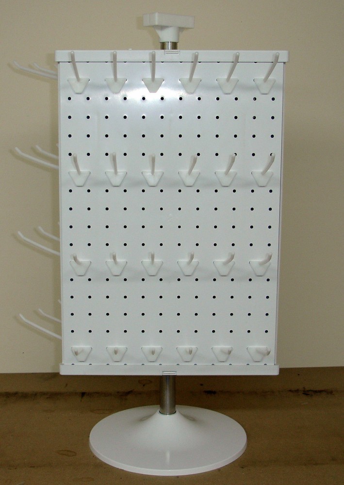 2 Sided Plastic White Counter Top Peg Board Spinner Rack Display with Hooks