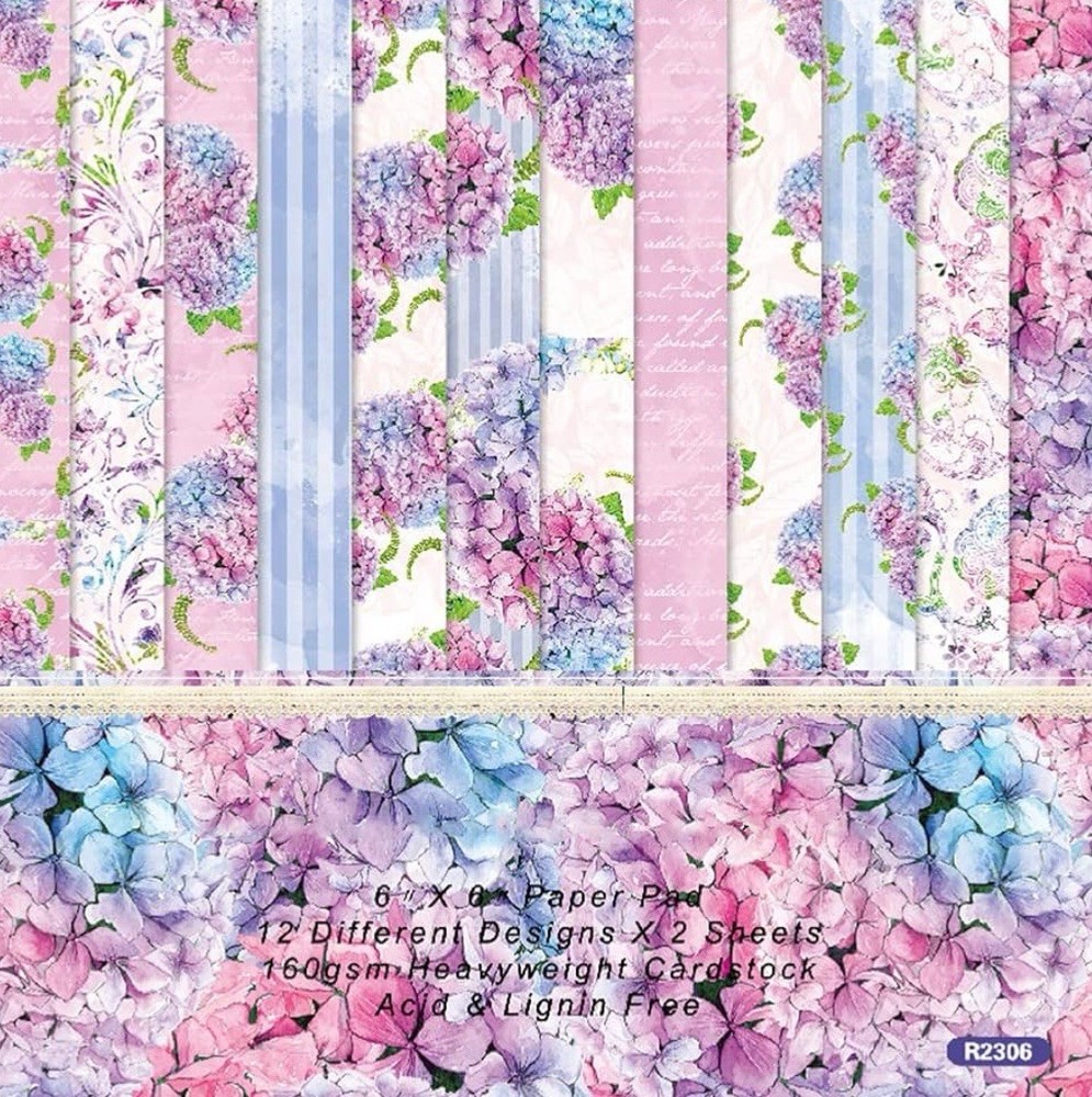 Floral Craft Paper Pack 6"x 6" ~12 designs x 2 sheets Hydrangea Love Cardstock
