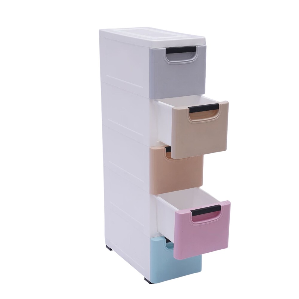 Plastic Stackable Storage Box Clothes Organizer Cabinet Tower 5 Drawer w/ Wheel