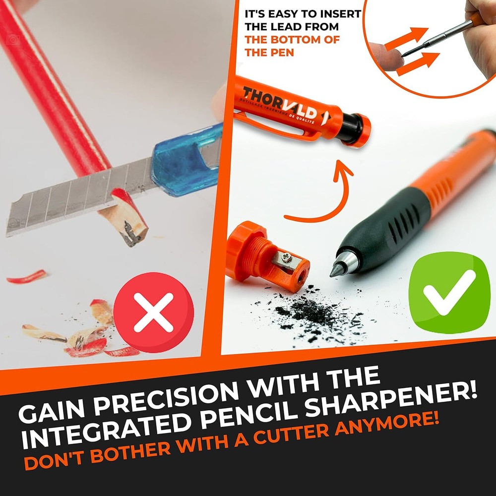 2n1 Carpenter Pencil w/ Finger Grip,7 Leads, Sharpener- Solid Mechanical Pencils