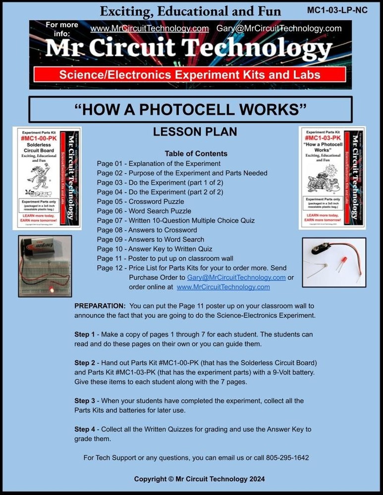 5th Grade- Lesson Plan #Exp03 "HOW A PHOTOCELL WORKS" Science-Electronics