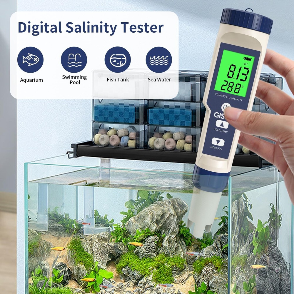 PH Meter, 5 in 1 pH/TDS/EC/Salinity/Temp Meter, Waterproof Pool Salt Tester, ...