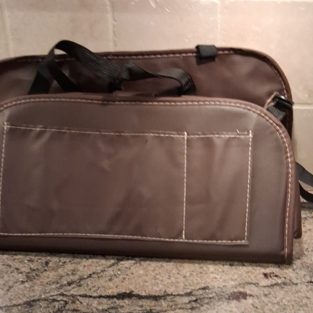 Brown Vehicle Center Console Bag with Multiple Pockets, Compartments, and Straps