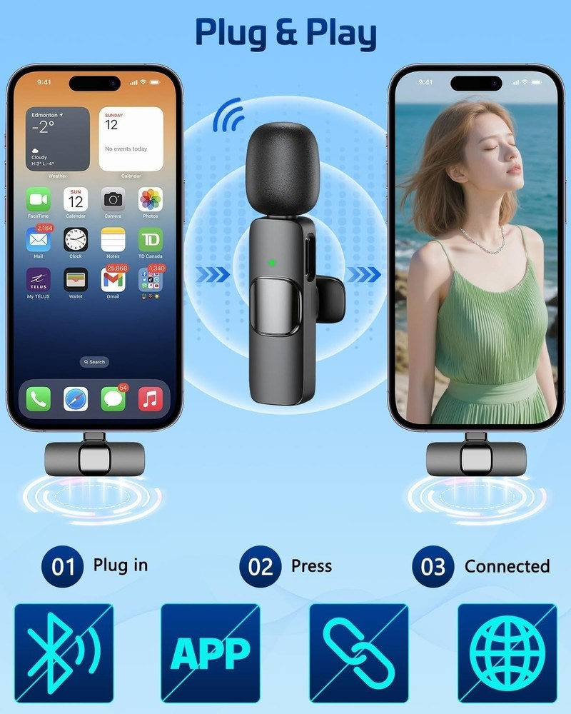 Pink Wireless Lavalier Microphone for iPhone & Android - Mini Clip-On