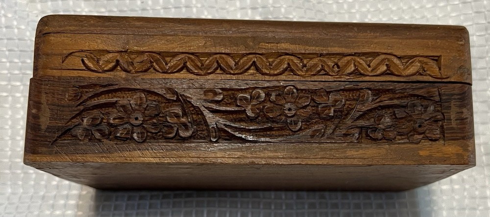 Vintage Hand Carved Wooden Rectangular Decorative Box Owl Floral Pattern, Small