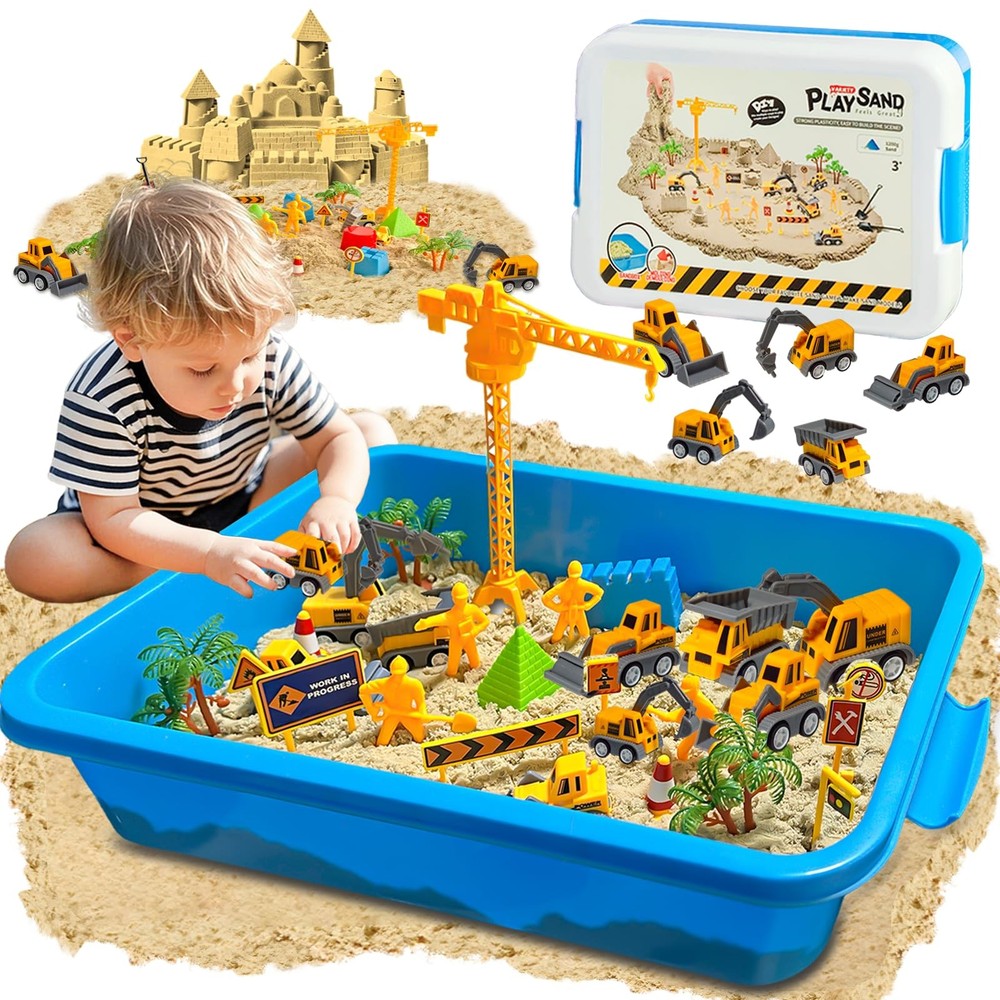 Construction Sensory Bin with Lid, 2.2lbs Sand & 5 Construction Trucks, Senso...