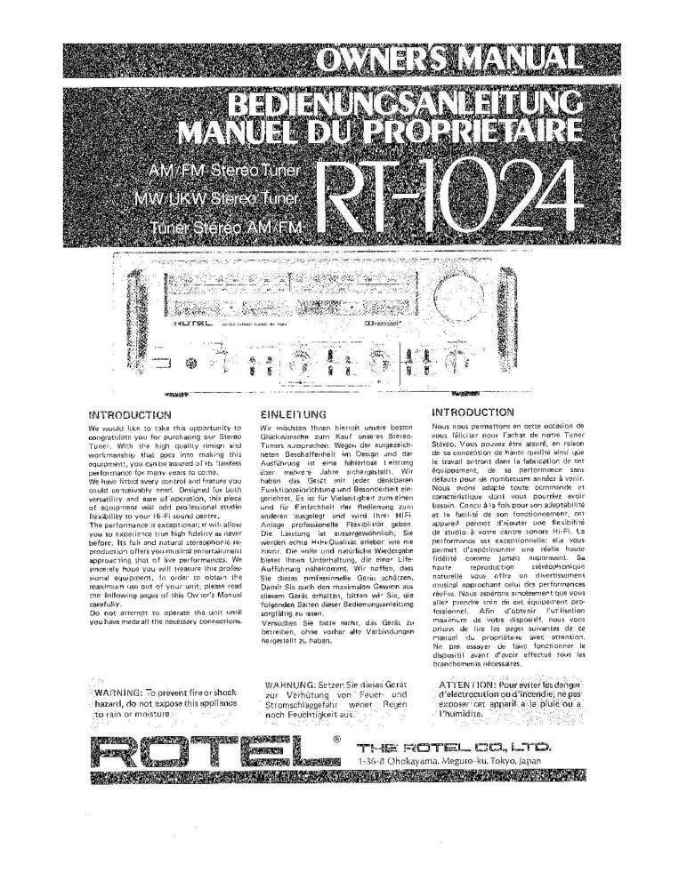 Rotel RT-1024 Tuner Owners Manual