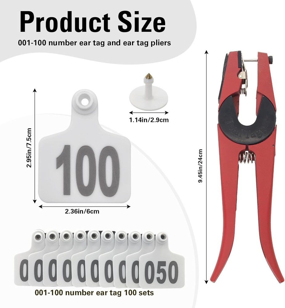 Livestock Identification Tags Kit: 100 Durable White Tags & Applicator Included
