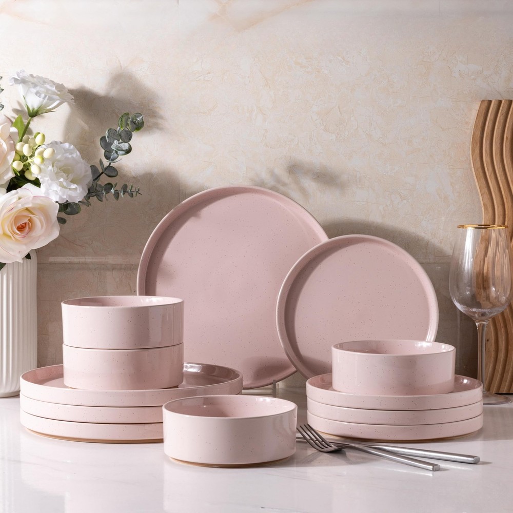 Ceramic Dinnerware Set for 4 | Speckled Stoneware Modern-Pink Service for 4