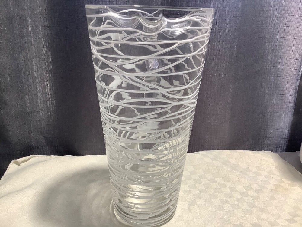Clear Glass 10” Pitcher Raised White Drizzle Glaze Applied Handle