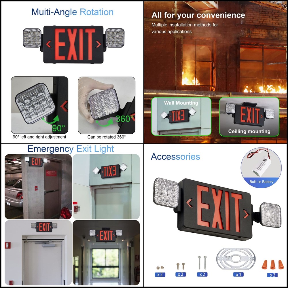 Black Exit Sign with Emergency Lights, LED 1 Pack, Housing+Red Letter