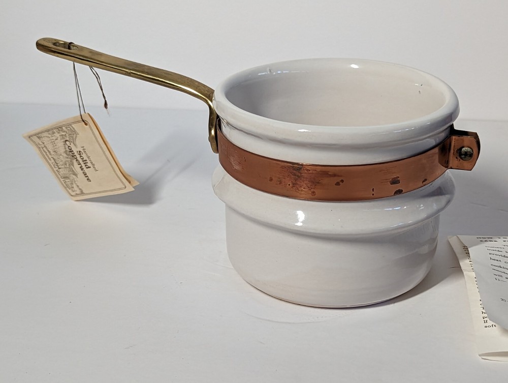 Vintage White Ceramic Pot With Copper Band And Brass Handle