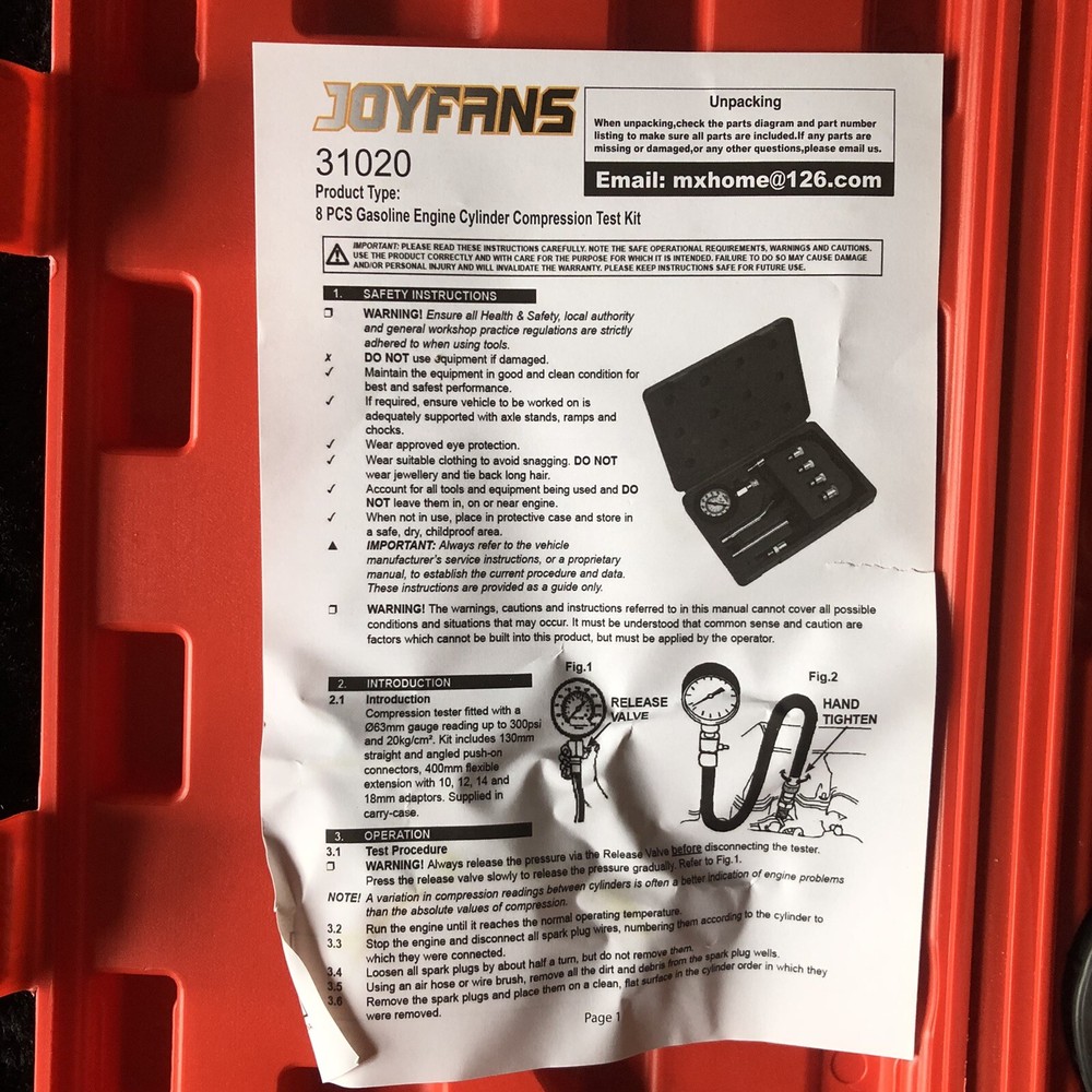 Gasoline Engine Cylinder Compression Tool Kit