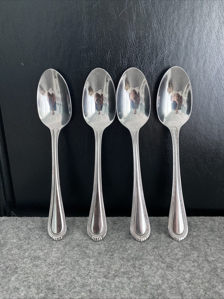 4 Oneida Stainless Countess Glossy Beaded  Place Oval Soup Spoons Flatware
