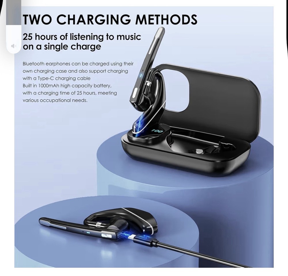 Bluetooth V5.3 Ear-hook Headset Dual Mic Noise Cancel LED Display Case