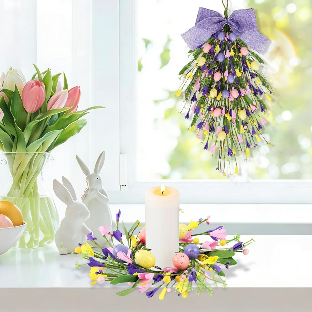 2 Pack 24'' Easter Teardrop Swags for Front Door Pastel Easter Eggs Teardrop ...