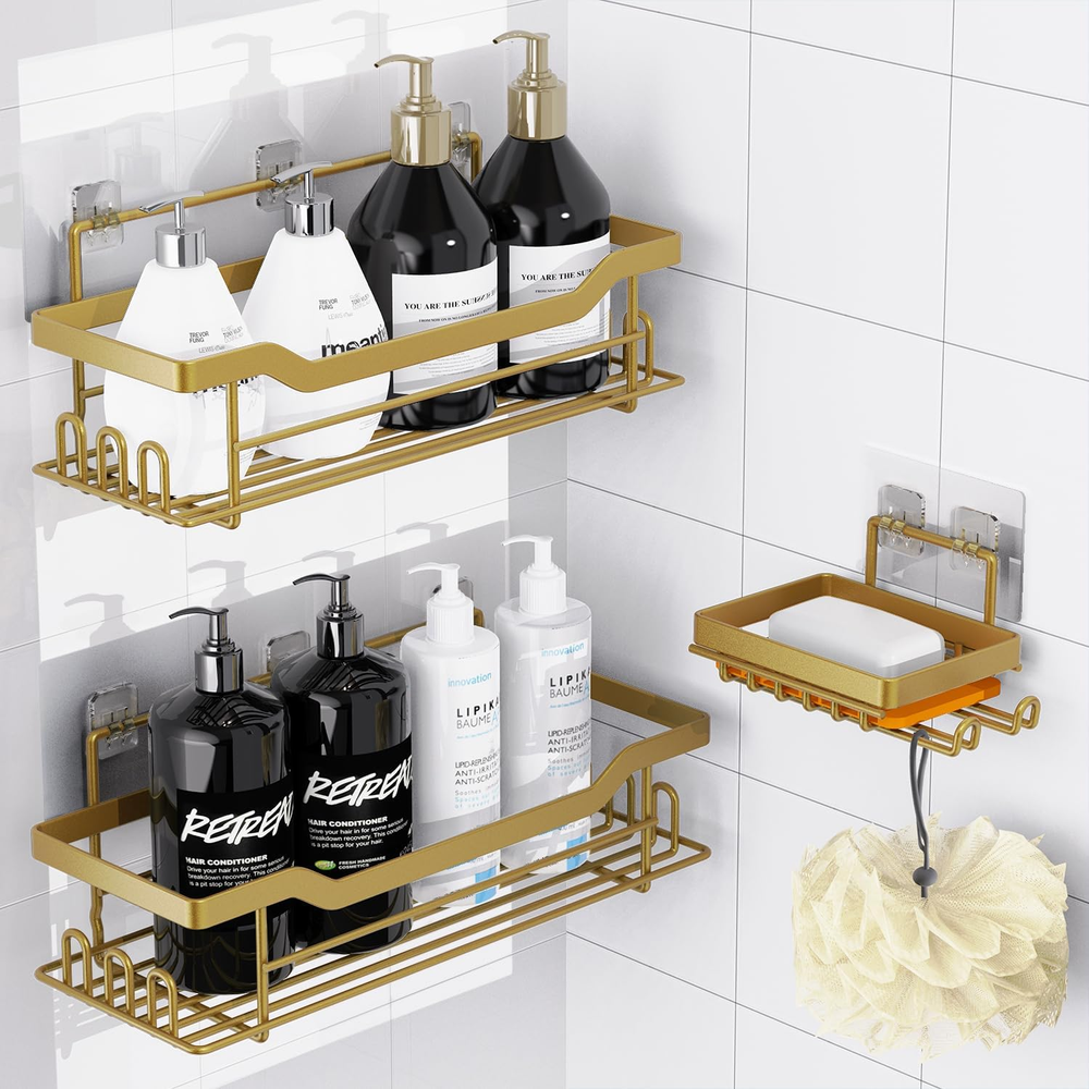 Shower Caddy Shelves Organizer Rack 3 Pack Wall Mounted Self Adhesive Matte Gold