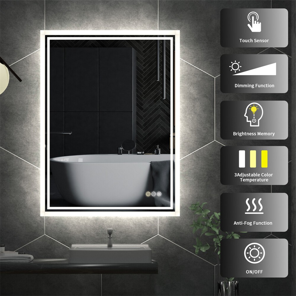 Rectangle Slim LED Bathroom Mirror Hanging Makeup Mirror Demister Sensor Switch