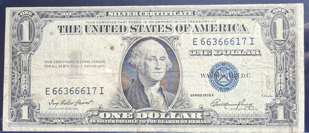 1935 E Godless Blue Seal $1 Dollar Silver Certificate w/ five 6s