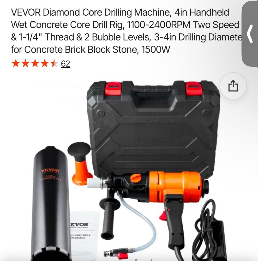 Core Drill , Wet Or Dry Application  4” Diamond Bite