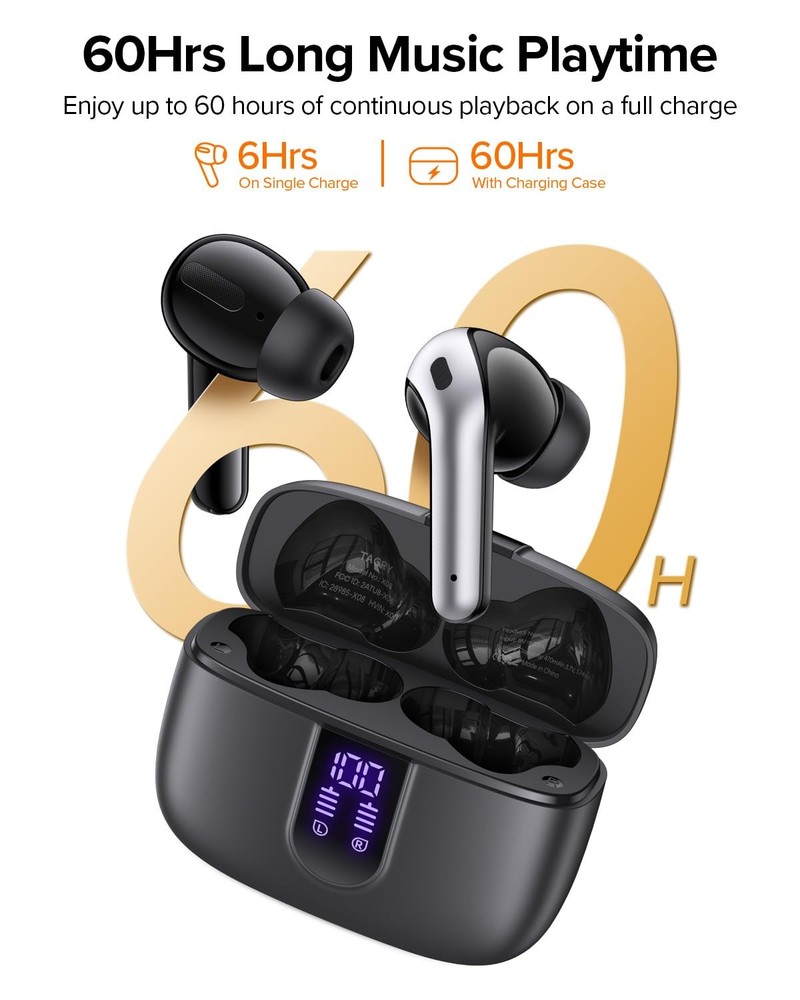 Bluetooth Headphones True Wireless Earbuds 60H Playback LED Power Display Ear...