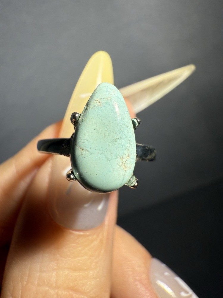 Natural Hubei Turquoise Drop Ring / Silver- plated/adjustable