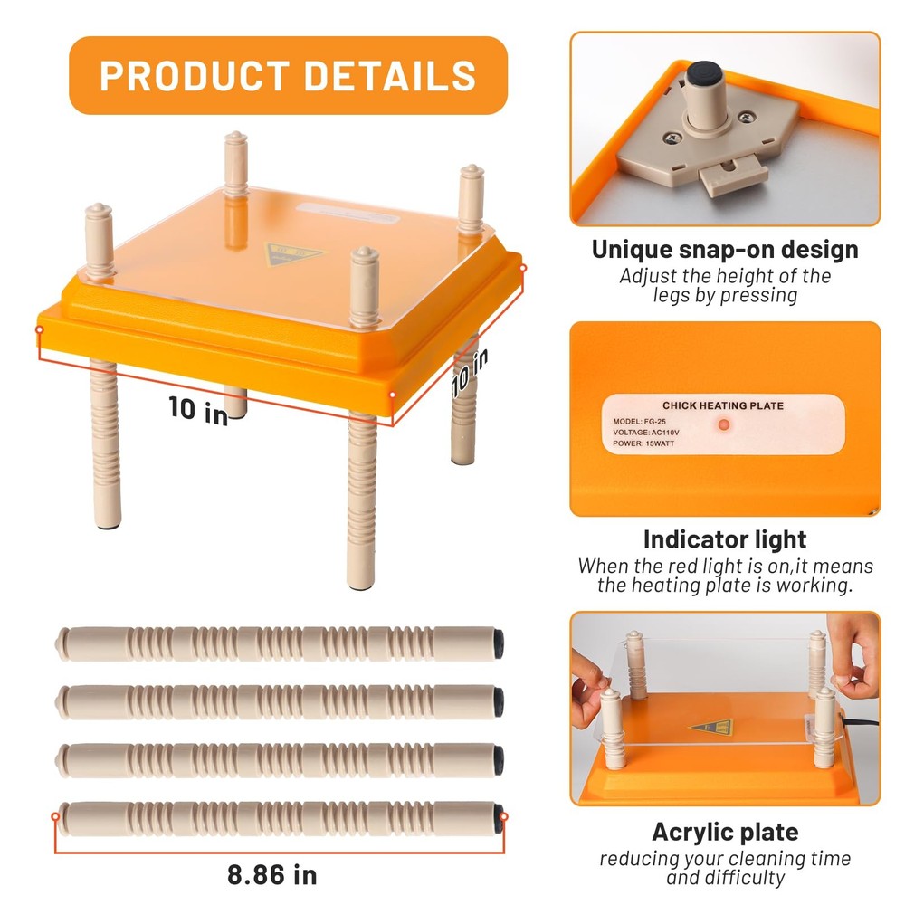 Brooder Heater for Chicks, 10" x 10" for 15 Chicks Heating Plate with Adjusta...