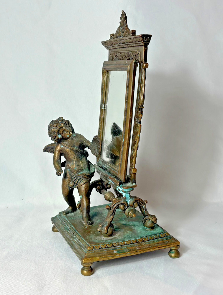 Antique Brass Mirror Table Top Cherub Angel Painter