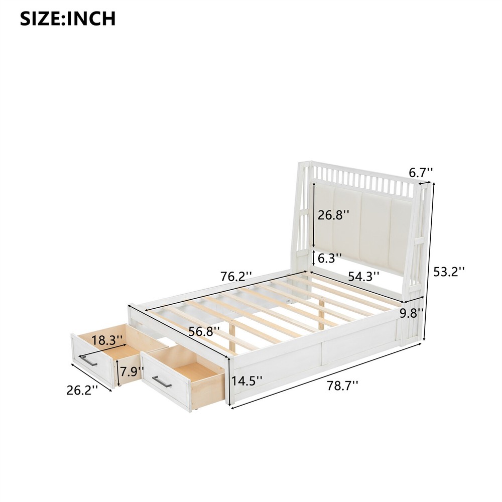 Full/Queen Size Bed Frame Upholstered Platform Bed Frame w/ 2 Drawers White