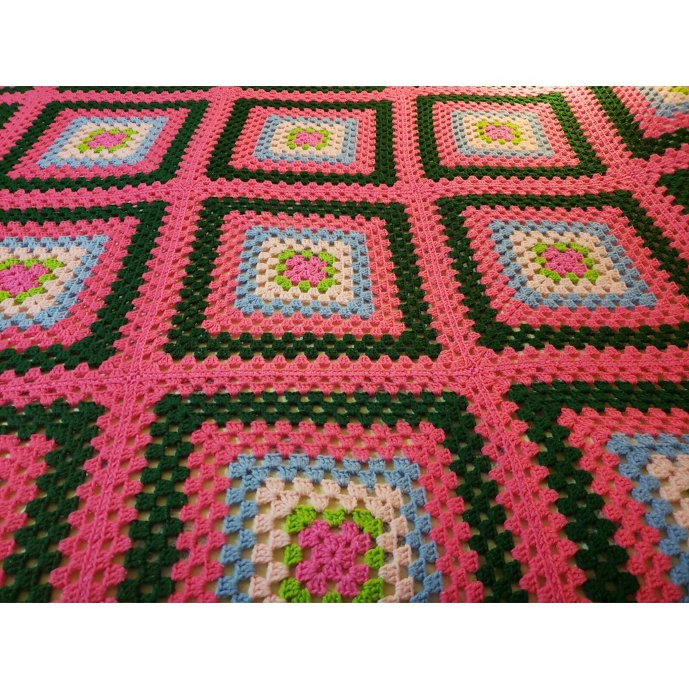 Granny Square handmade Crochet 77" x 98" Bedspread Throw Multicolor
