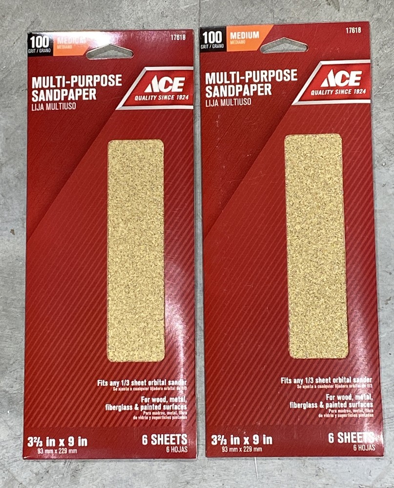 Ace Multi-Purpose Sandpaper 100 Grit Medium 17618, 3-2/3” x 9” (12 Sheets) New
