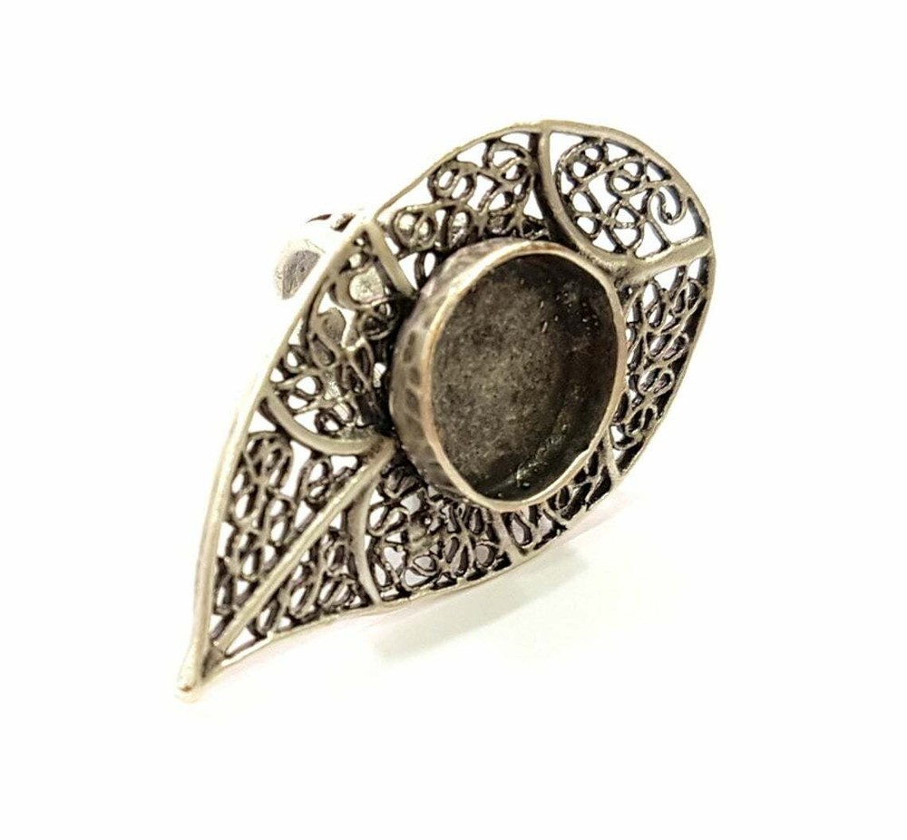 Leaf Adjustable Ring Round Blank Antique Silver Plated Brass G6718