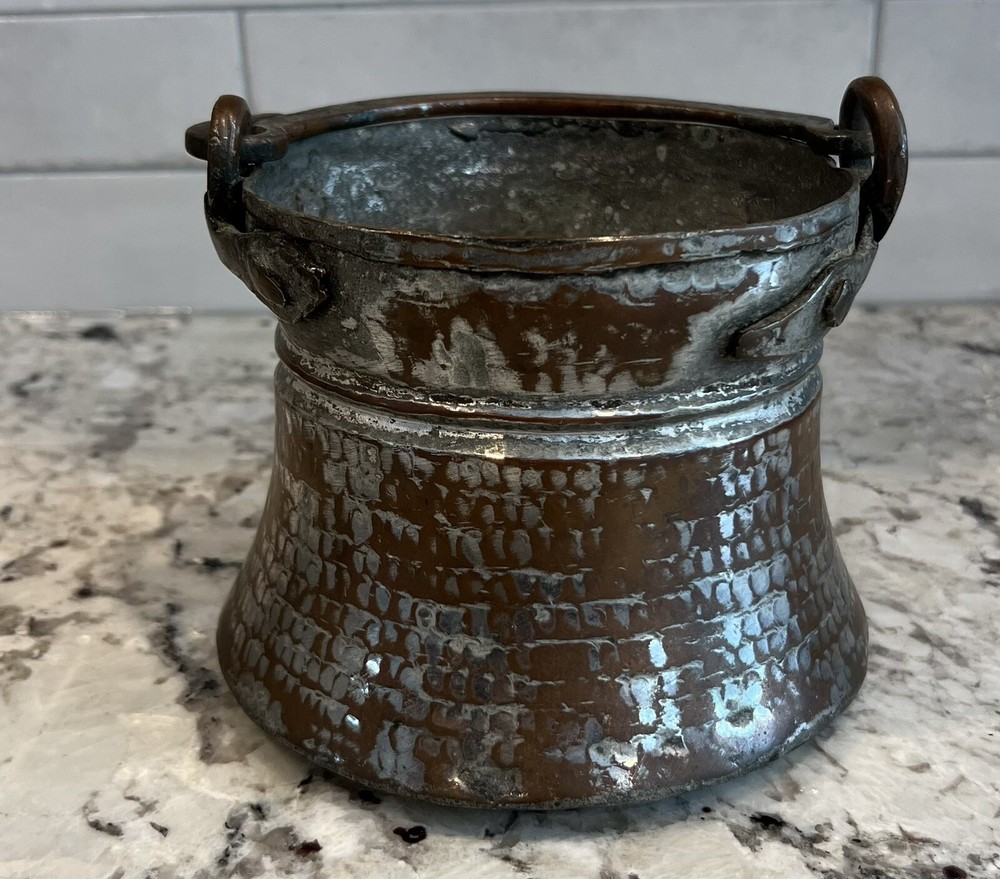 Vintage Copper (& Iron?) Pot Cauldron with Swinging Handle Hammered