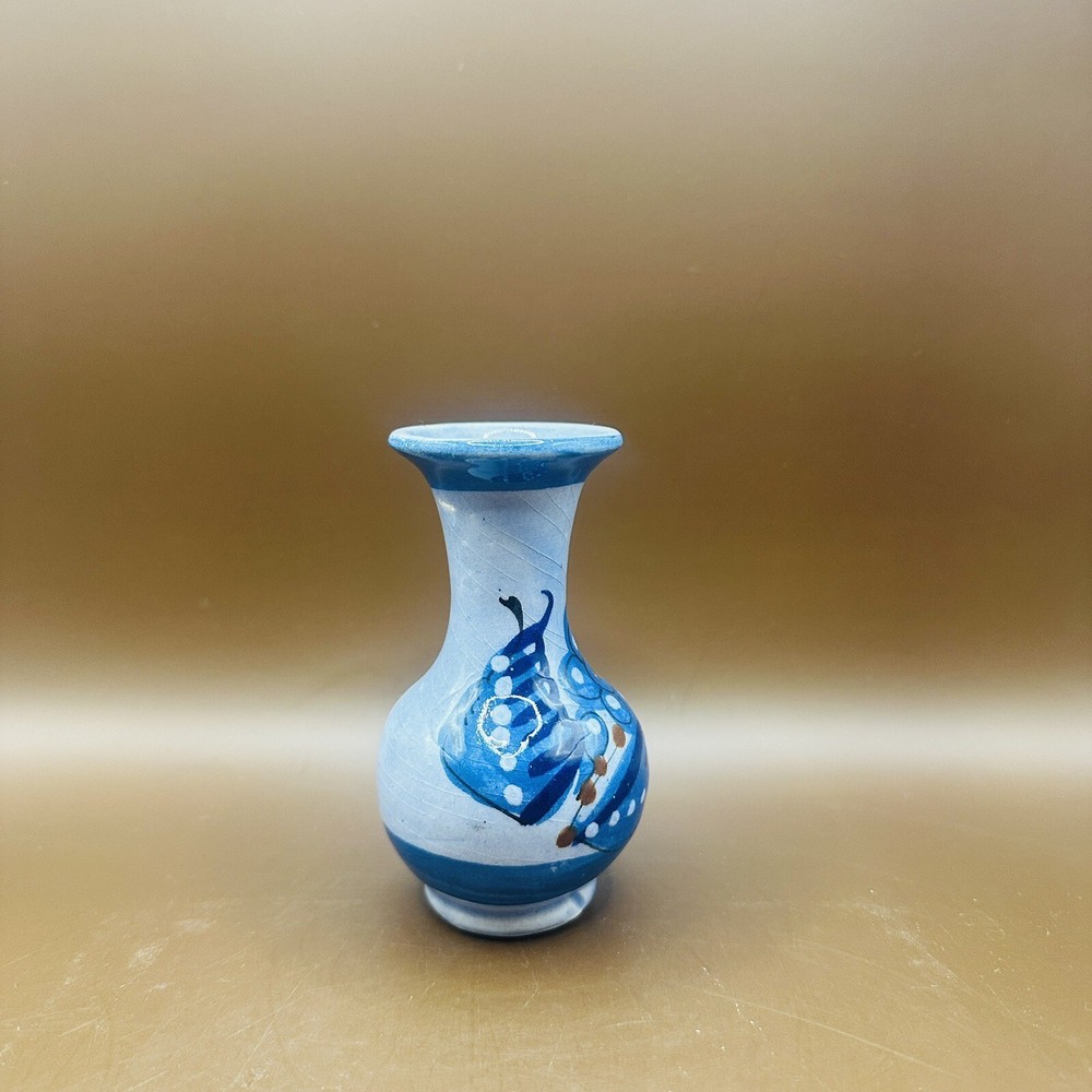 Bud Vase Clay Pottery Blue signed small handpainted