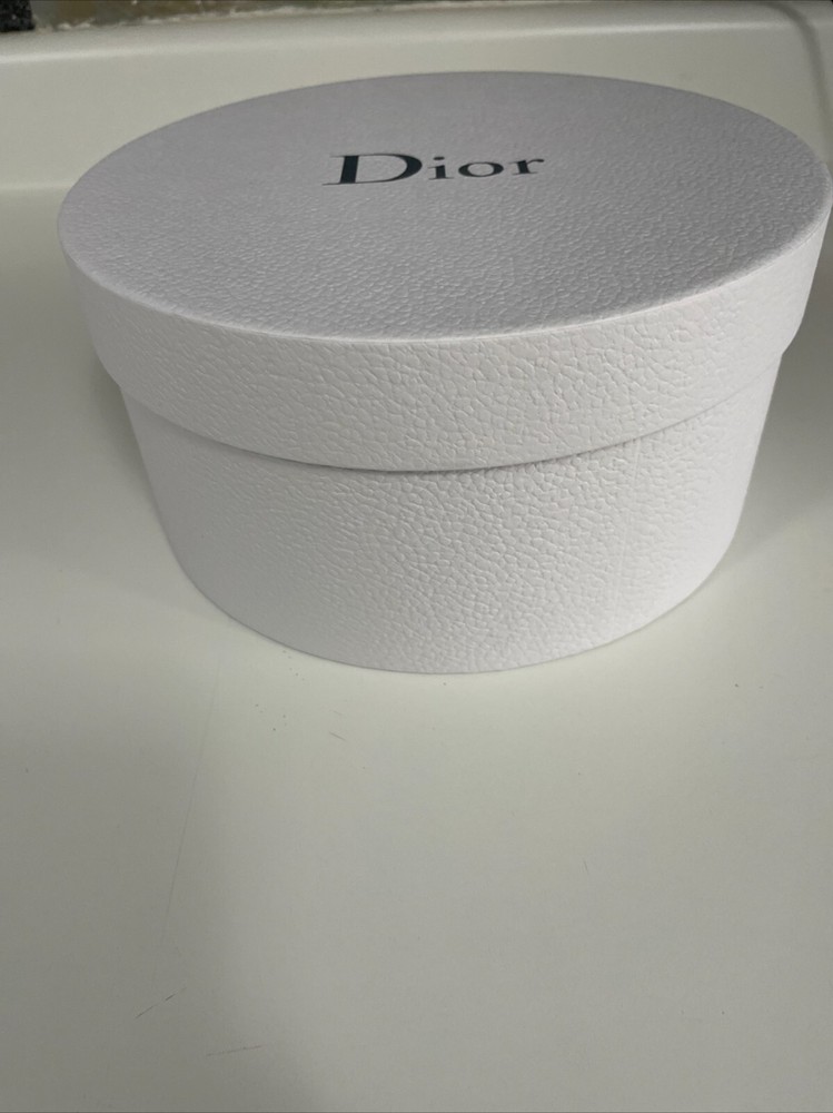 RARE DIOR Empty Round Gift Box White Gray Logo Pebble Texture HOLIDAY Storage