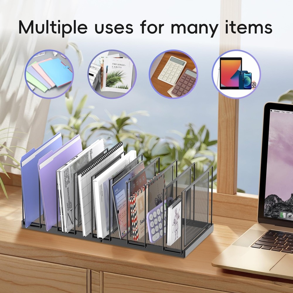 9-Section Desk File Organizer, Vertical File Holder, Mesh Desktop File Folder...