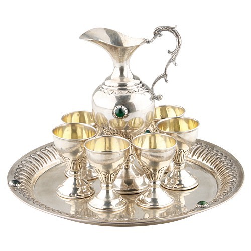 800 SILVER TRAY, PITCHER + 6 SMALL CHALICE CUPS GOBLETS