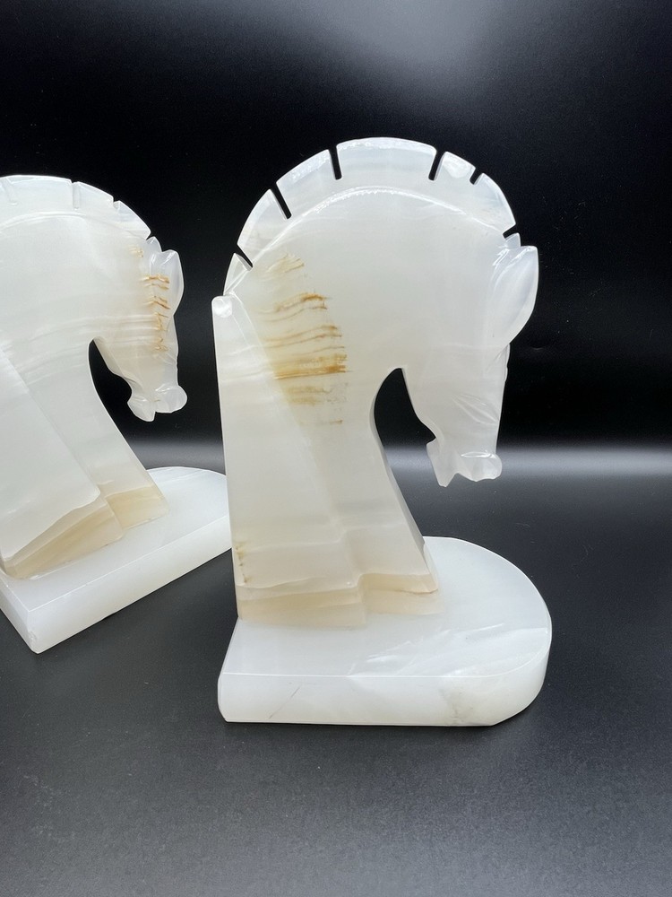 Marble Horse Head Book Ends Vintage Pair