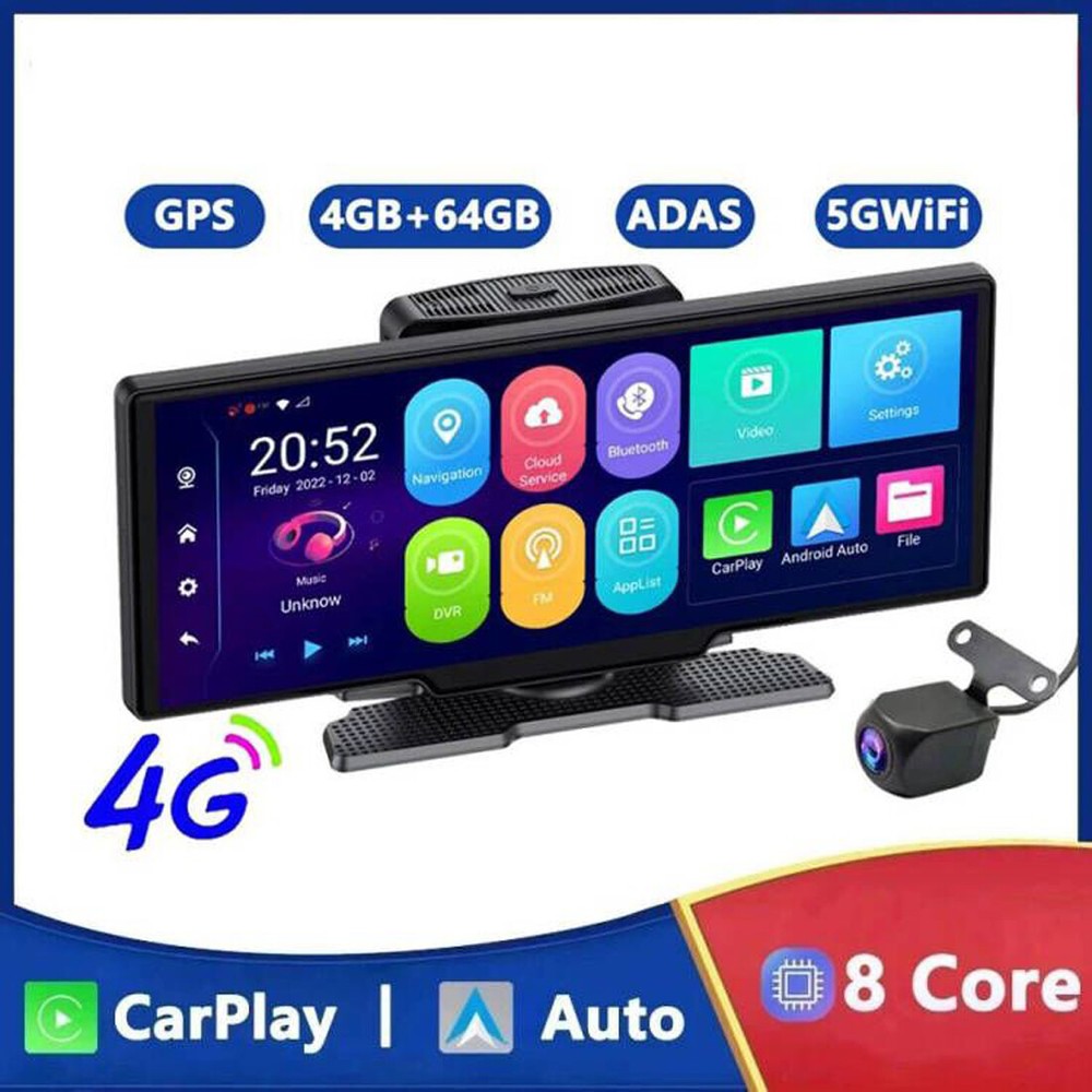 Car Dashboard Carplay&Android Auto Dash Camera Android 10 Rearview Mirror DVR