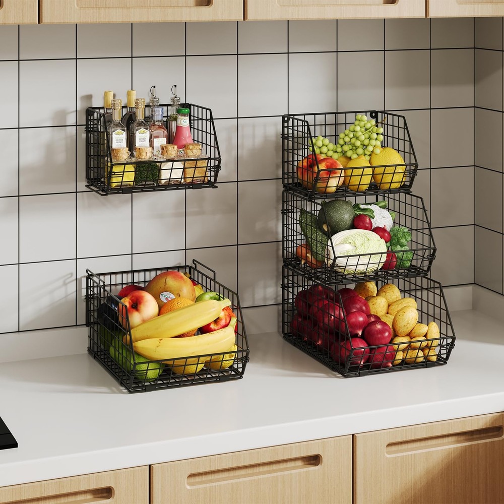 3-Tier Stackable Wire Baskets for Counter, Fruit and Vegetable Storage, Potat...