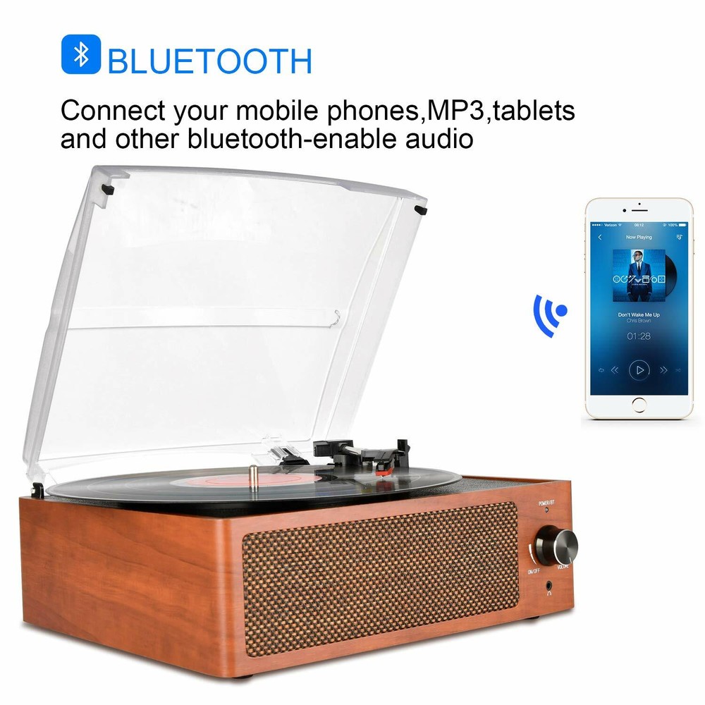 Bluetooth Record Player Belt-Driven 3-Speed Turntable, with Headphone Jack