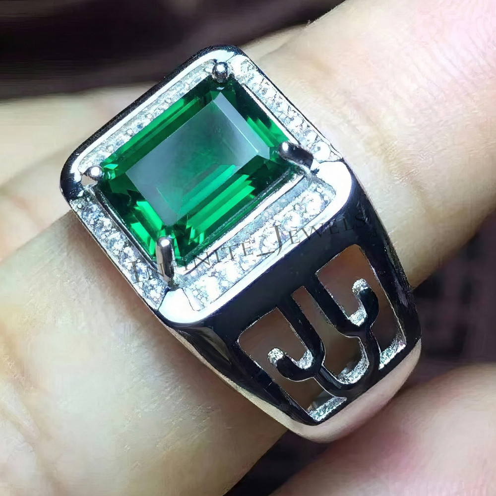 Green Emerald Stone Men Silver Ring, 925 Sterling Silver Emerald Gemstone Ring