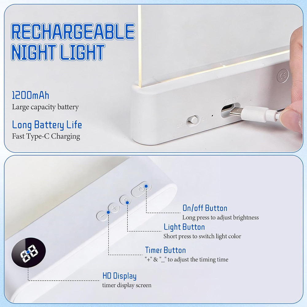 Flat Book Light, Rechargeable Clear LED Flat Reading Light with 3 Colors & Timer