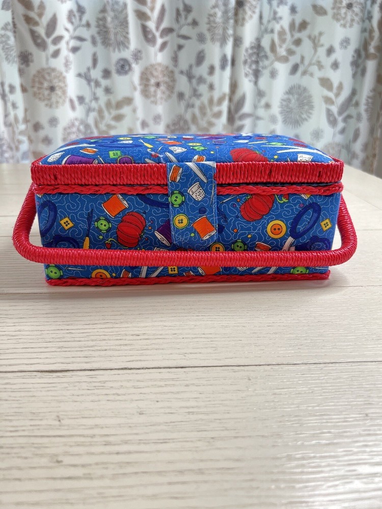 Sewing Basket Fabric Covered Red Trim And Handle