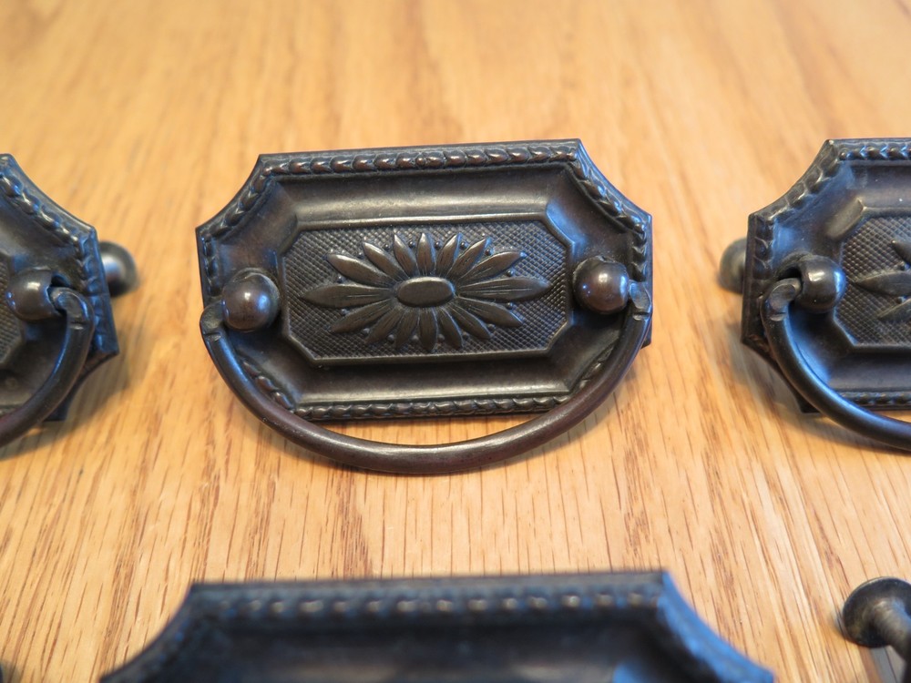 Antique Brass Tone Drawer Pulls Drop Pulls - Set of 9